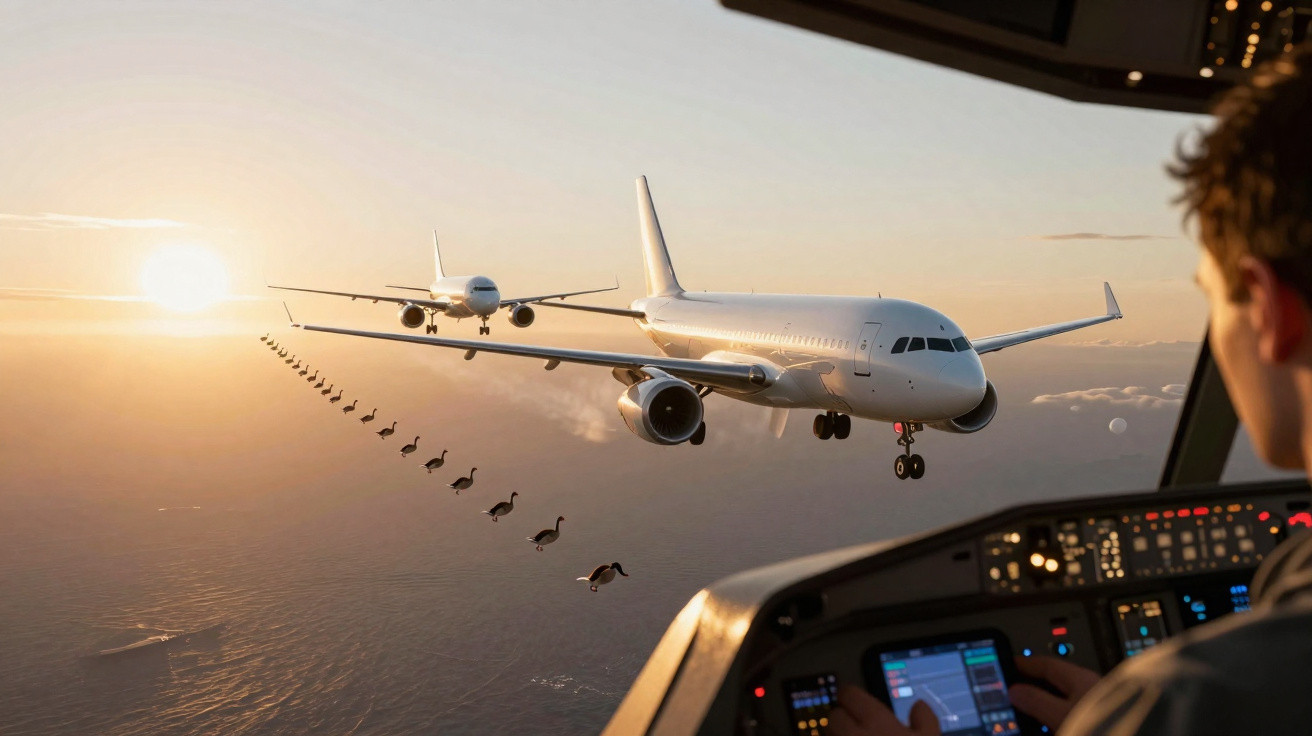 Vista do cockpit de um avião com outro avião à frente voando junto a uma fila de gansos ao pôr do sol.