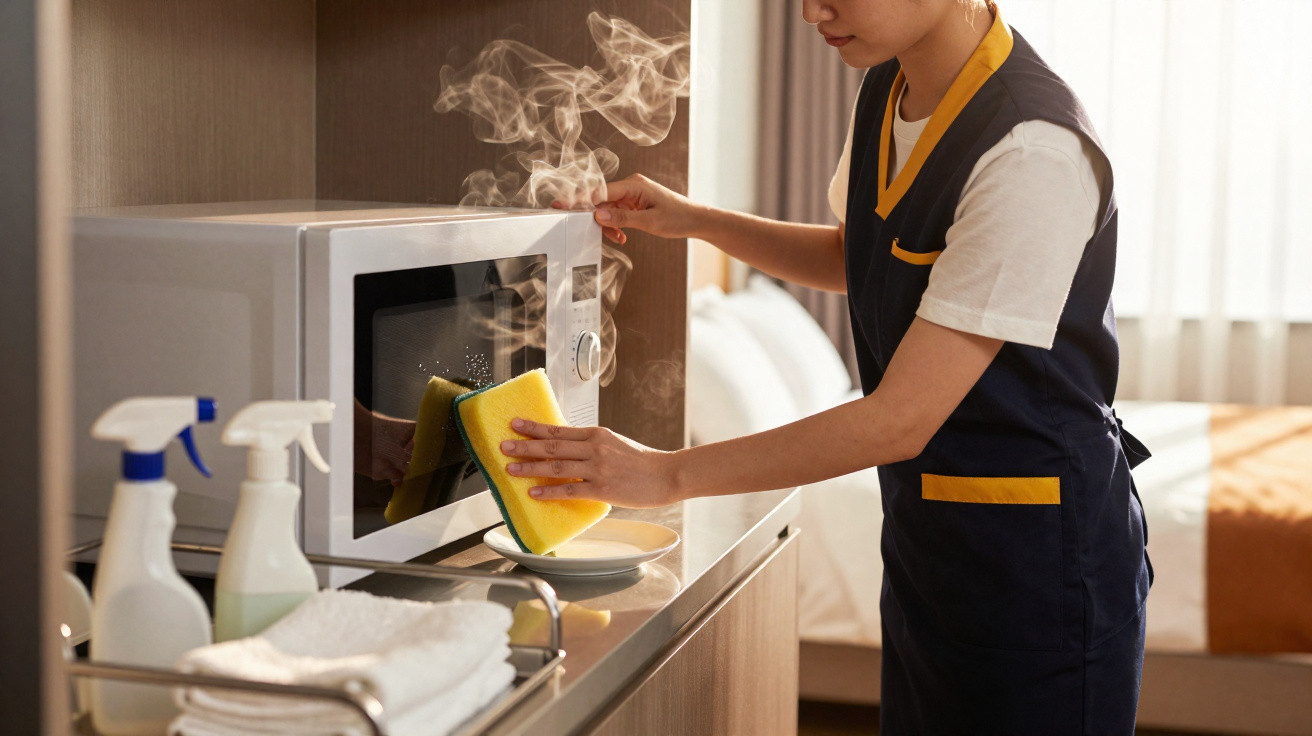 Pessoa vestindo uniforme limpando forno micro-ondas com esponja em cozinha doméstica, com vapor saindo do aparelho.