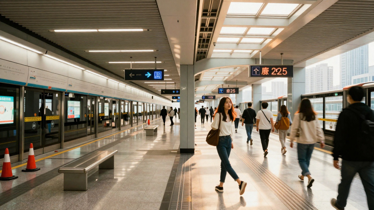 Plataforma de metrô com passageiros caminhando e trens nas laterais em estação clara e moderna.