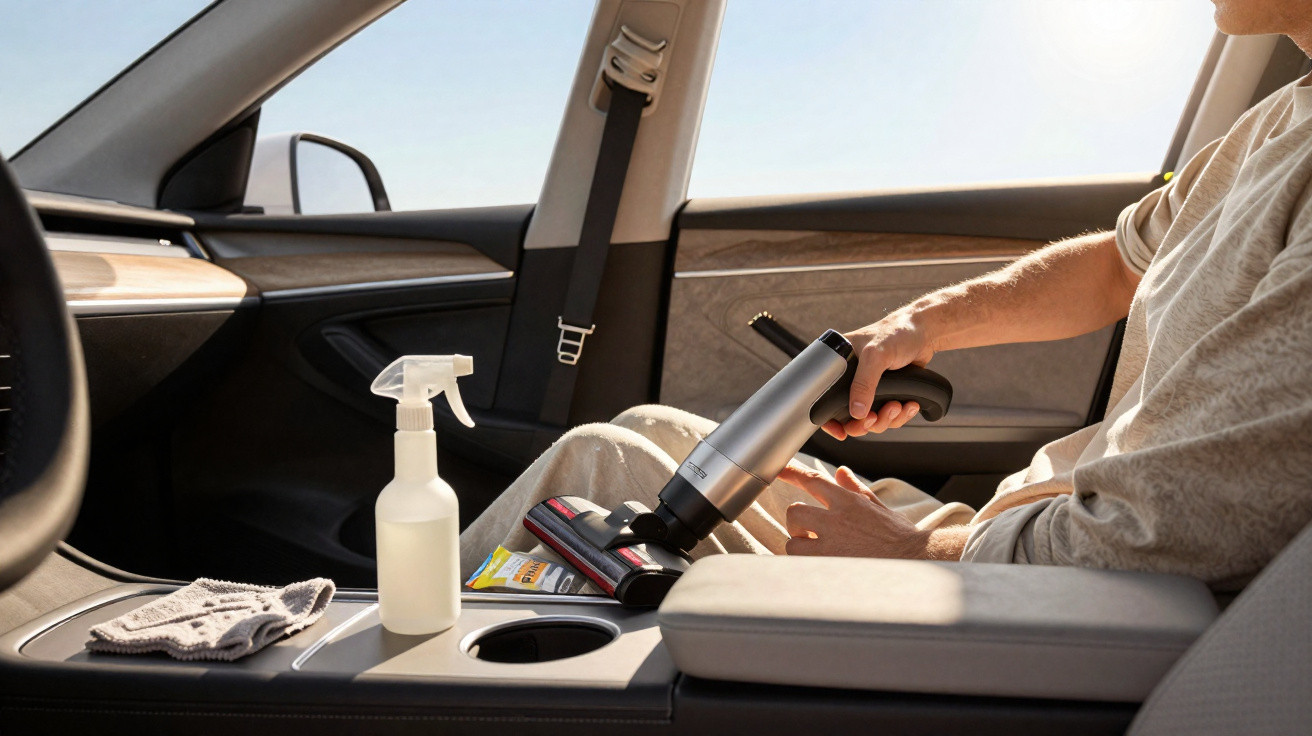 Pessoa limpando o interior do carro com aspirador portátil, com spray e pano no console central.