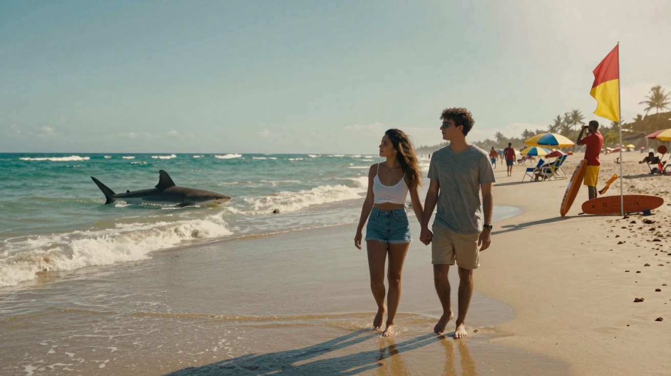 Casal caminhando na beira da praia com tubarão próximo à areia e salva-vidas ao fundo.