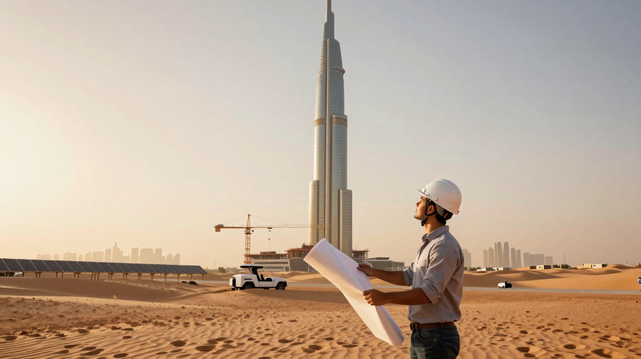 Homem com capacete e planta em mãos observa construção da torre Burj Khalifa em meio ao deserto.