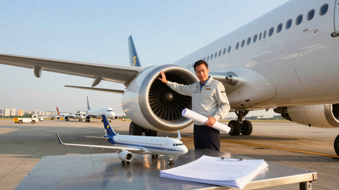 Pessoa com plantas técnicas em frente a avião e modelo em escala sobre mesa metálica no aeroporto.