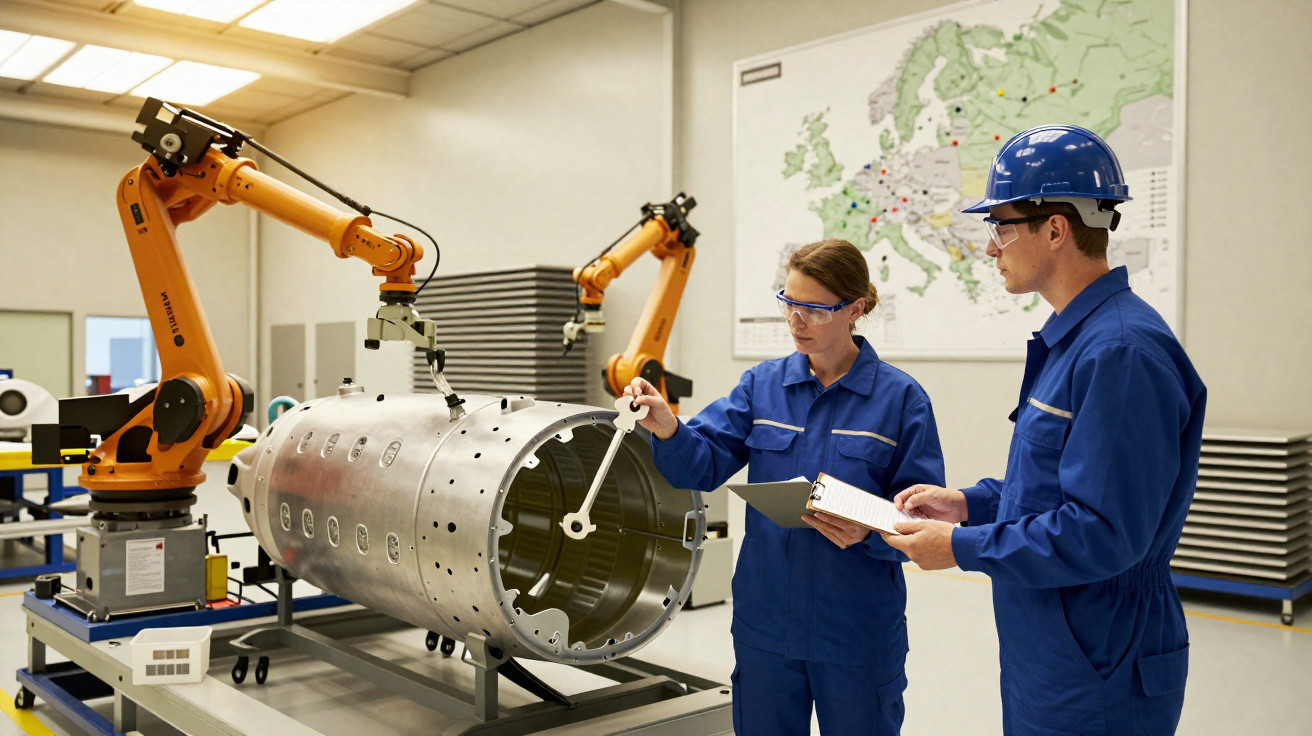 Dois engenheiros em uniforme azul e EPIs inspecionam peça metálica grande com braço robótico em fábrica.