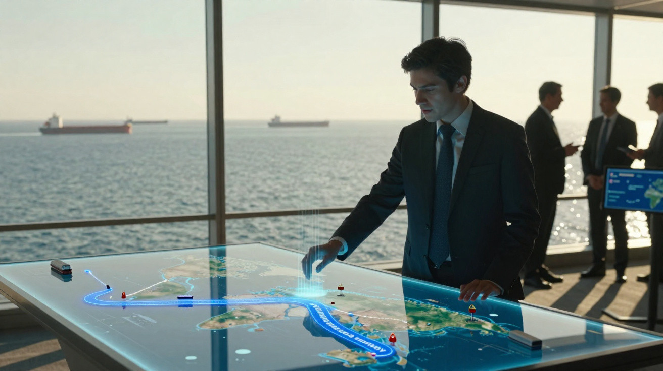 Homem de terno interage com mapa holográfico em sala com vista para o mar e navios ao fundo.