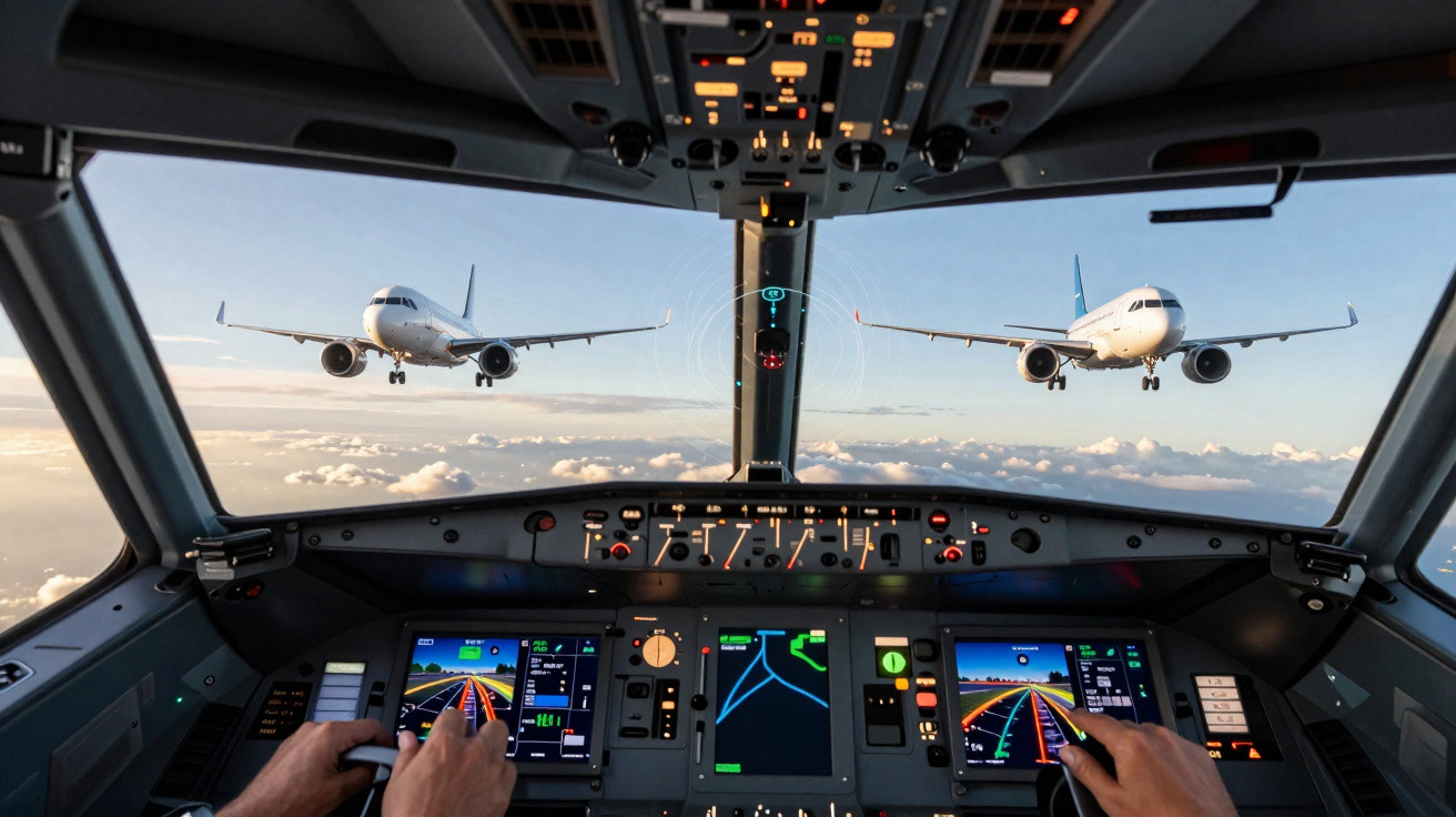Cockpit de avião com piloto operando controles e duas aeronaves voando à frente em céu claro.