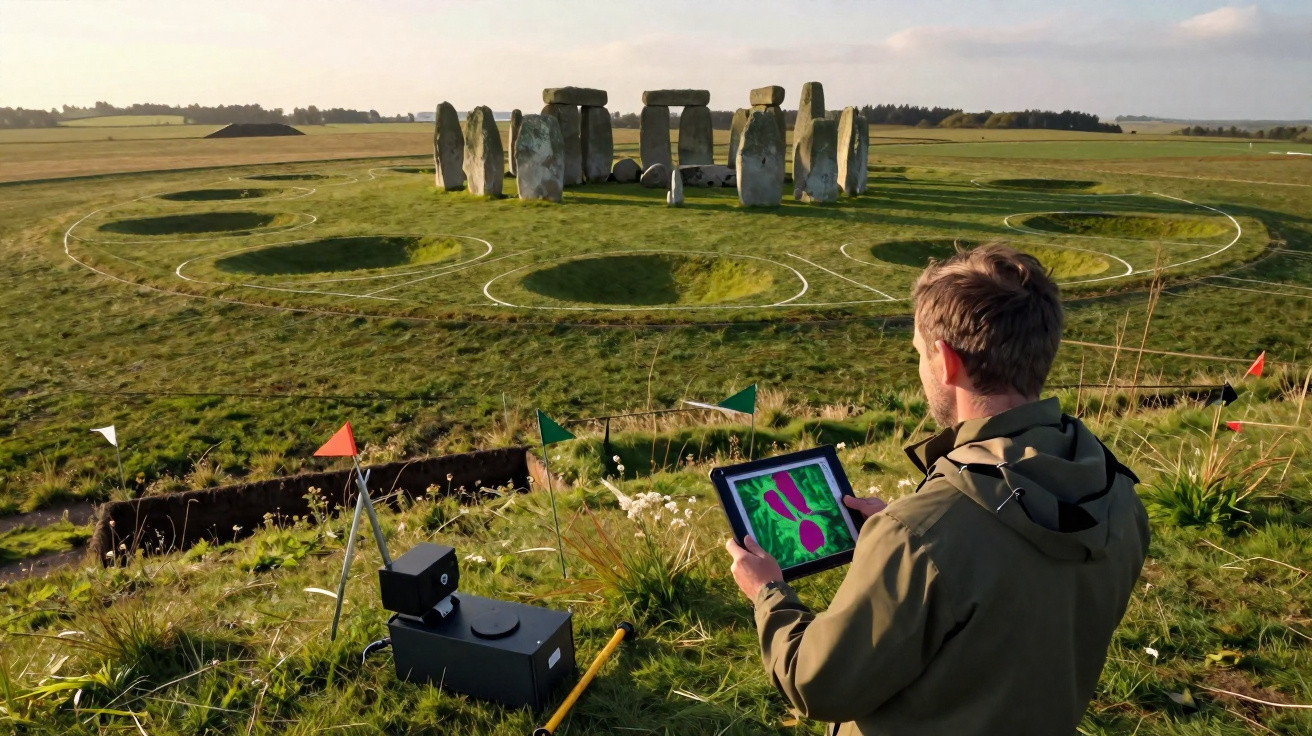 Homem usando tablet para estudo arqueológico próximo ao monumento de Stonehenge, em campo aberto.