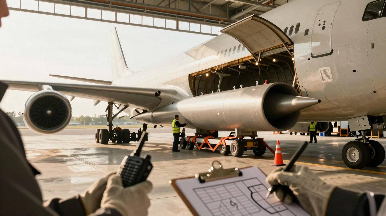 Funcionários verificando carga e documentação durante o carregamento de um avião em hangar.