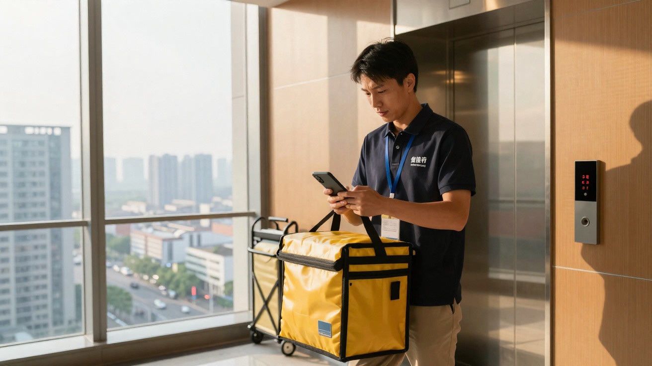 Homem com uniforme azul verifica celular ao lado de elevador segurando bolsa térmica amarela de entrega.