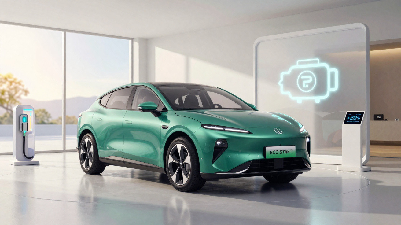 Carro elétrico verde estacionado em ambiente moderno com estação e painel de carregamento digital.