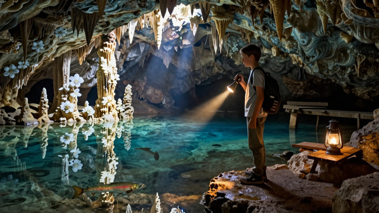 Menino com lanterna explora caverna com lago azul e estalagmites decoradas com flores brancas.