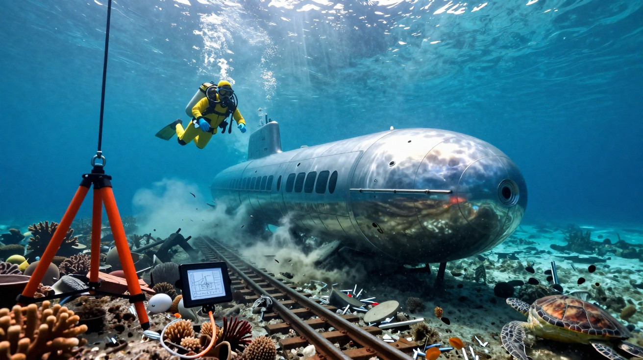 Submarino futurista no fundo do mar com mergulhador e tartaruga entre corais e trilhos.