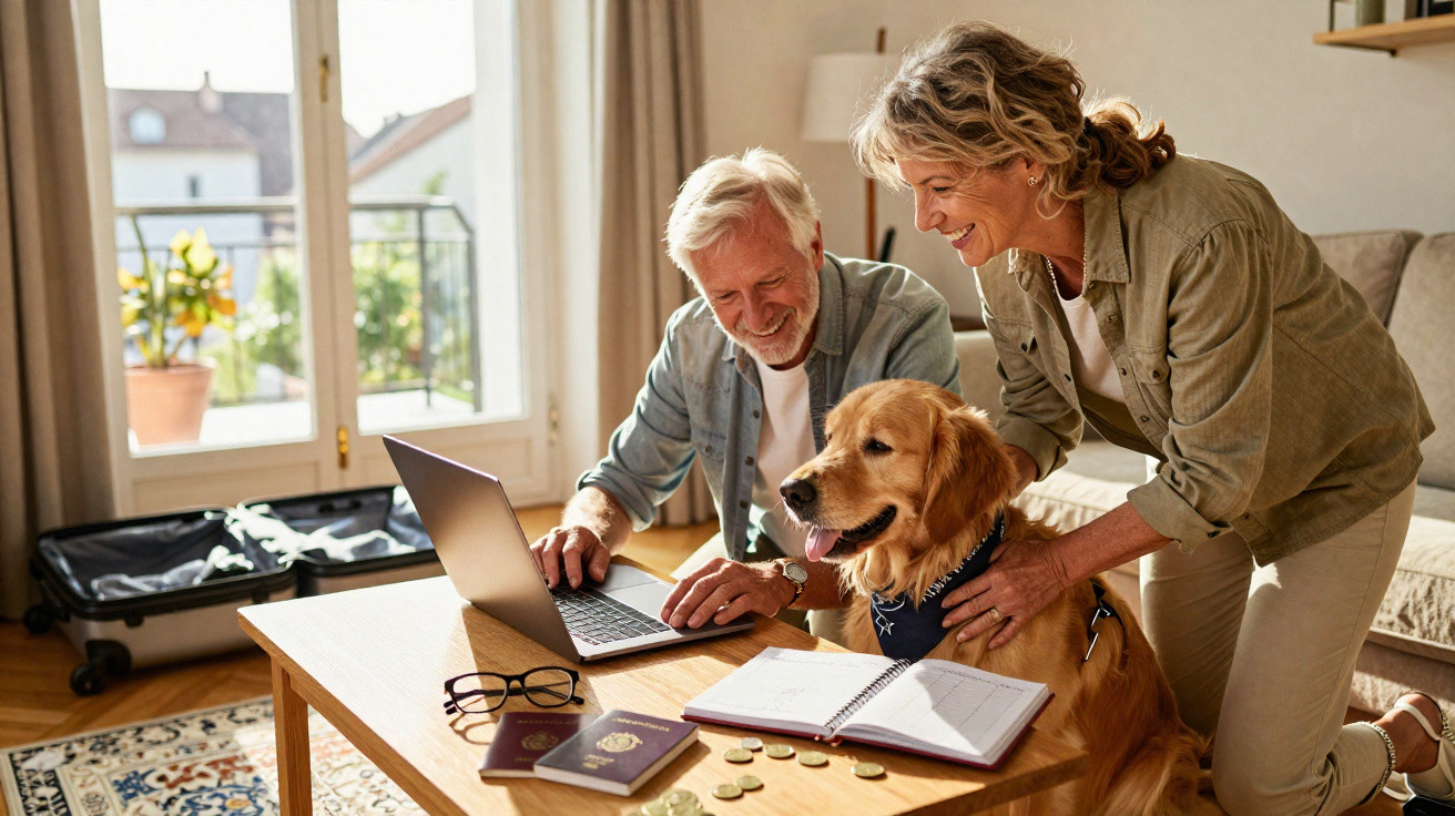 Casal sênior com cachorro planeja viagem usando notebook em sala com passaporte e moedas na mesa.