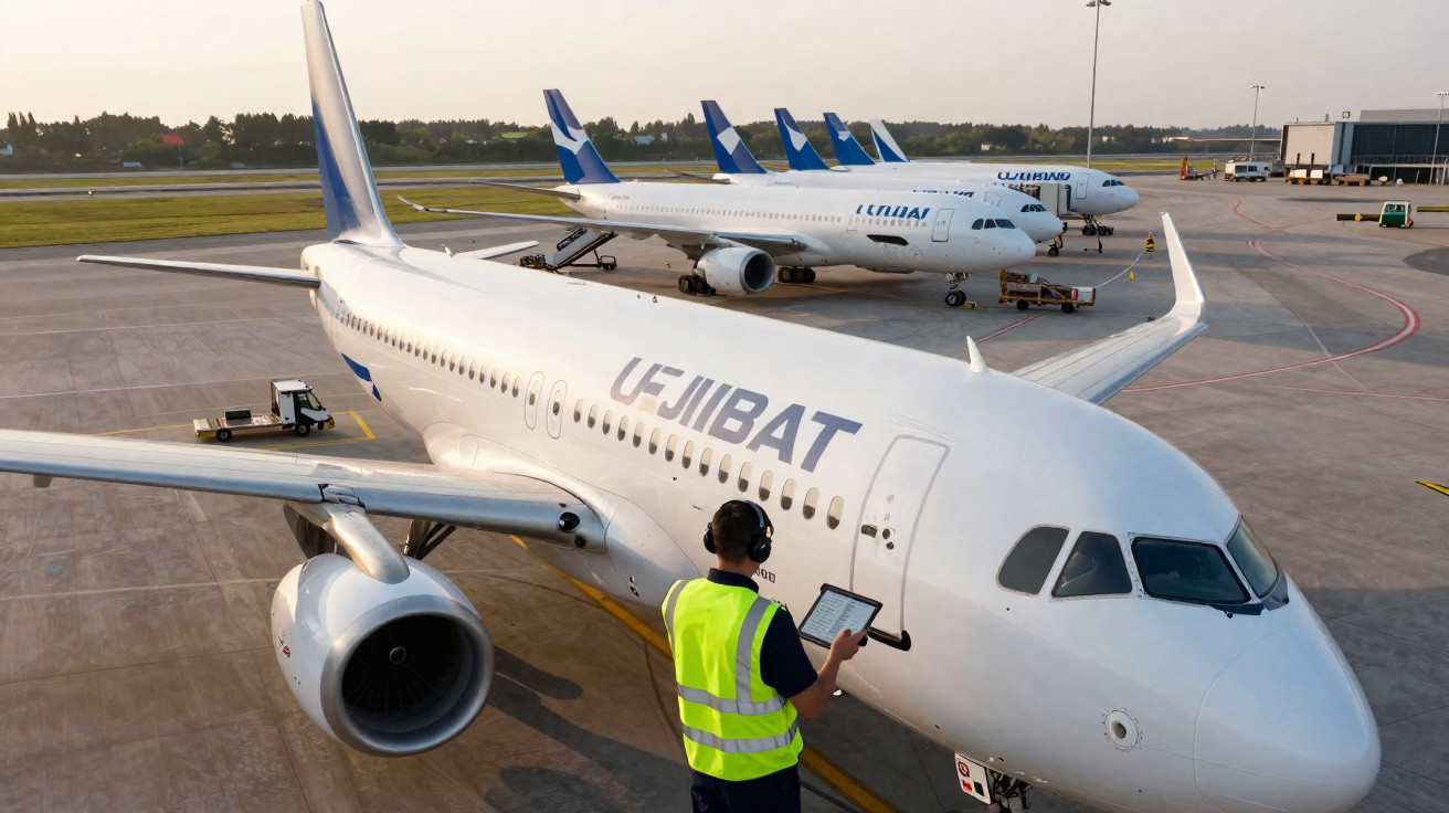 Funcionário com colete refletivo inspeciona avião branco da companhia U-FIBAT no pátio do aeroporto ao entardecer.