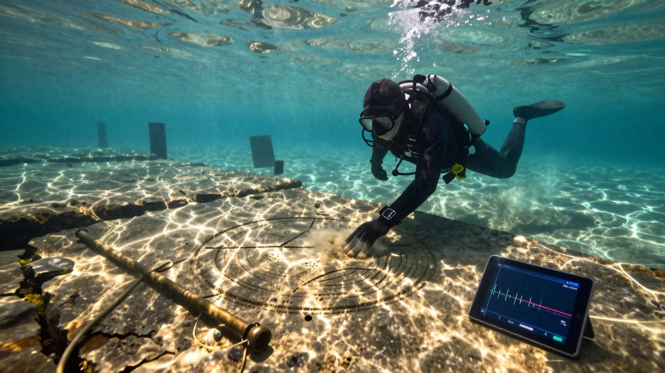 Mergulhador inspecionando artefatos submersos com tablet em ruínas arqueológicas no fundo do mar.