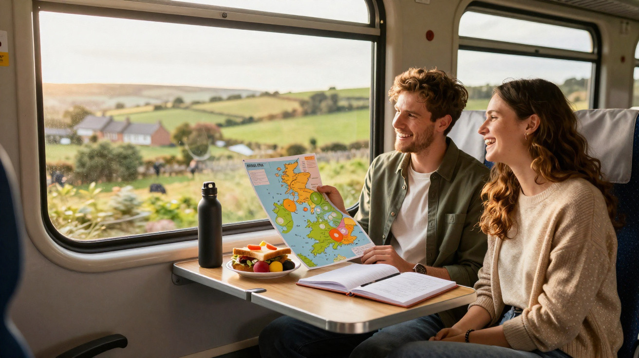 Casal sorridente observando mapa no trem com paisagem rural vista pela janela ao fundo.