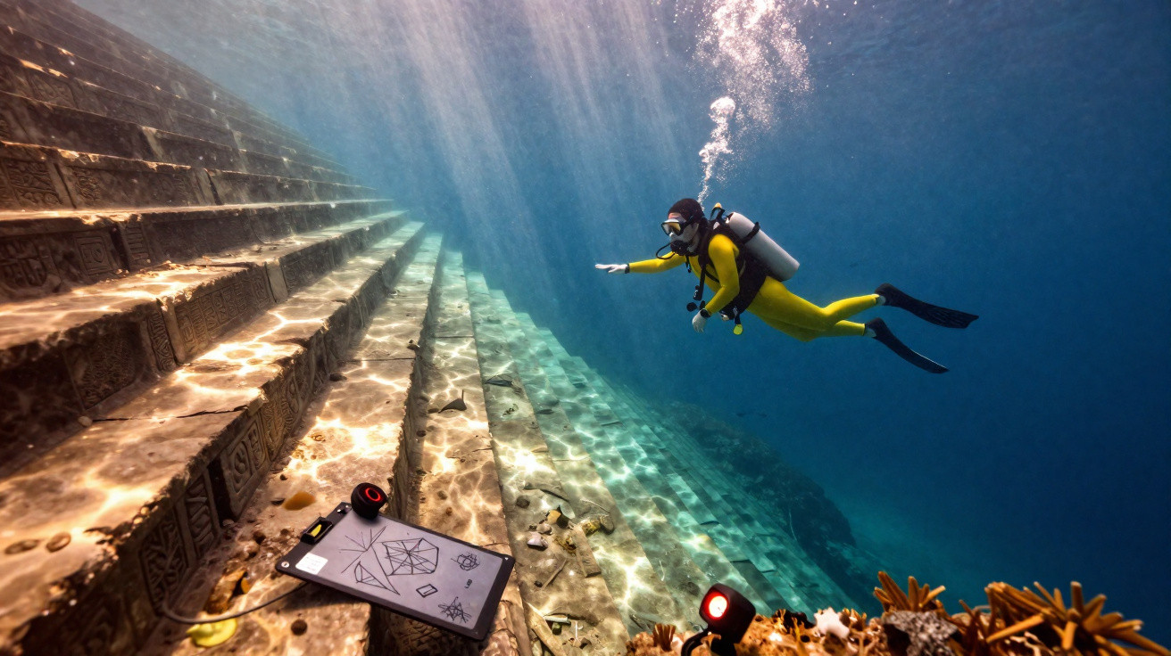 Mergulhador em traje amarelo explora degraus submersos com desenhos e equipamentos no fundo do mar.