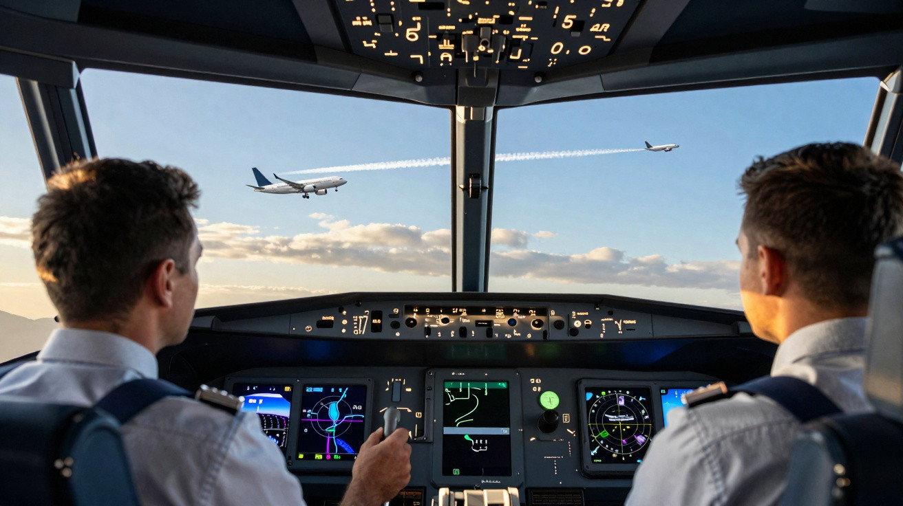 Dois pilotos dentro da cabine de avião observando dois aviões voando ao horizonte durante o pôr do sol.
