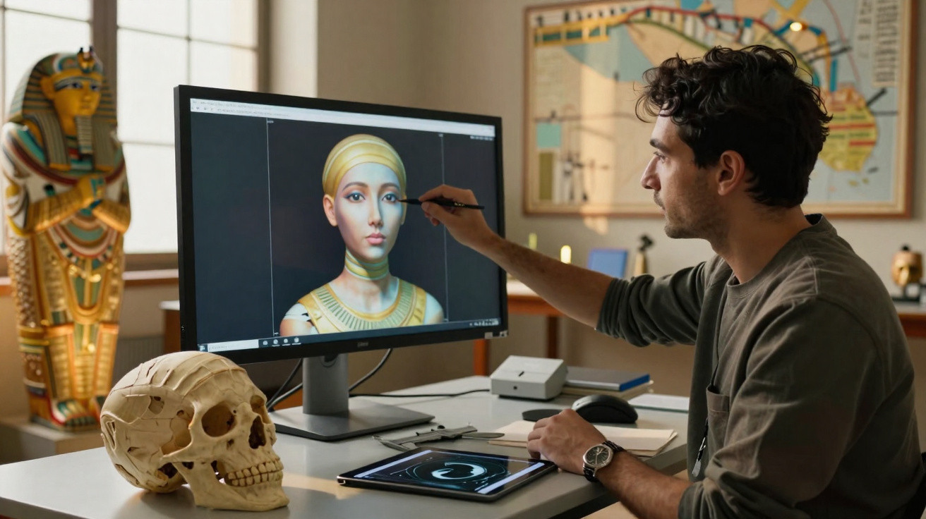 Homem desenhando retrato digital de mulher com traços egípcios em monitor de computador.