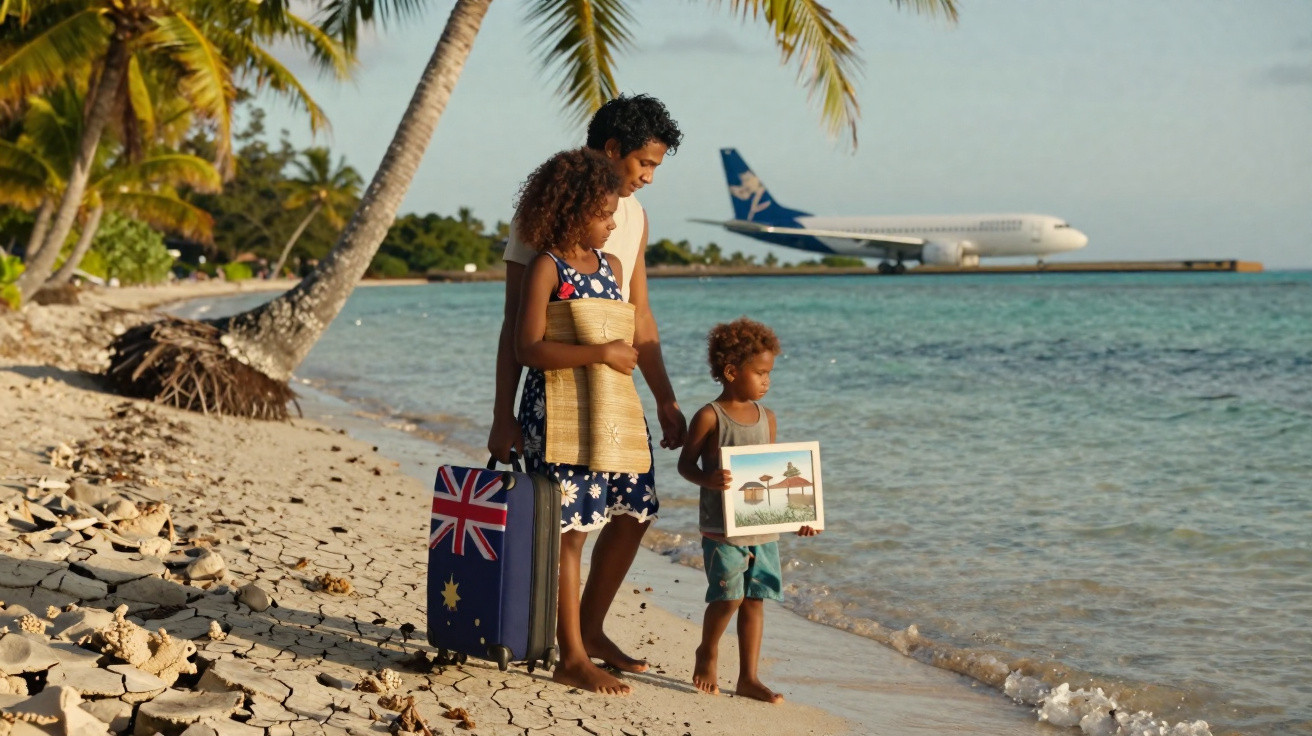 Família com duas crianças e mala na praia, com avião pousando ao fundo e coqueiros ao redor.