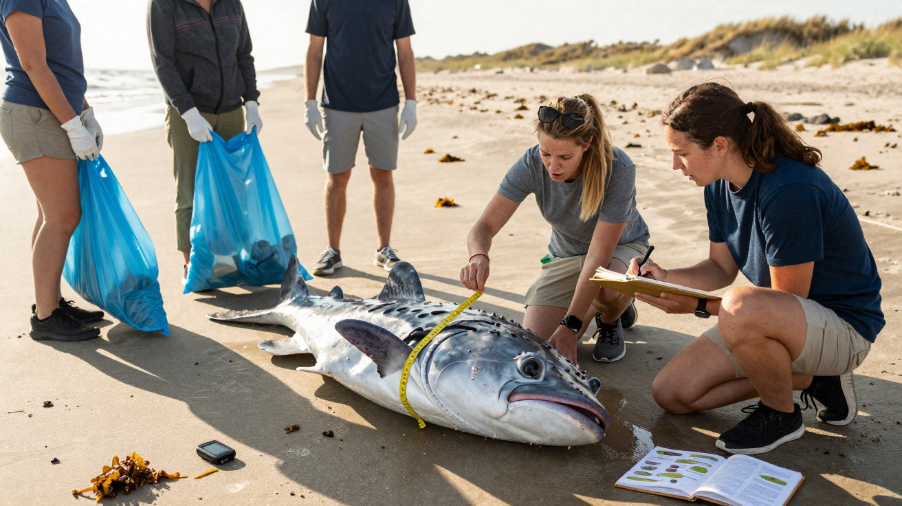 Voluntários medem e registram um peixe grande encalhado na praia durante limpeza do litoral.