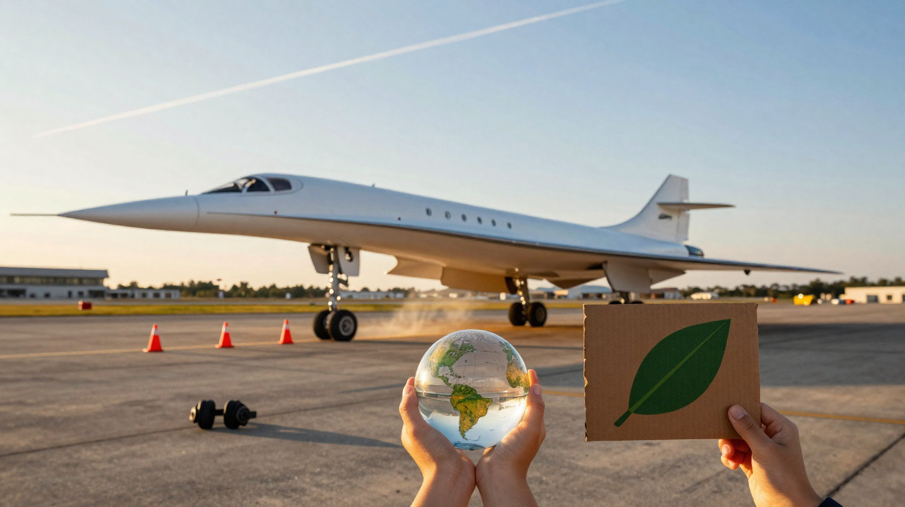 Avião branco em pista com pessoa segurando globo terrestre e placa com folha verde.