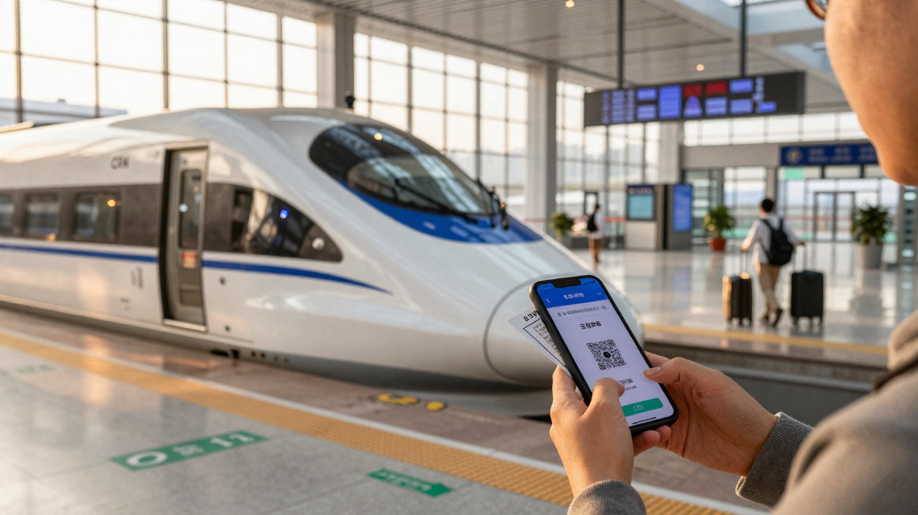 Pessoa segurando celular com bilhete eletrônico em estação moderna de trem de alta velocidade.