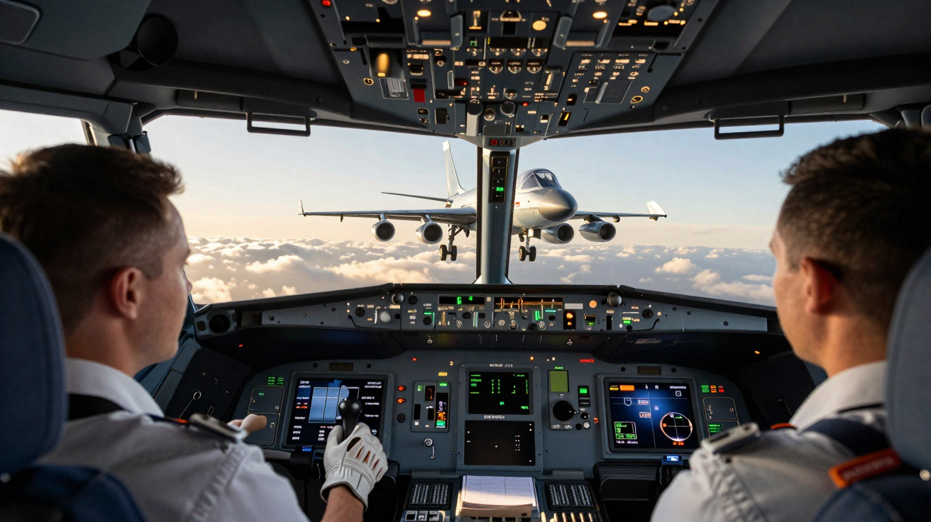 Dois pilotos em cabine de avião com outra aeronave voando à frente sobre as nuvens ao pôr do sol.