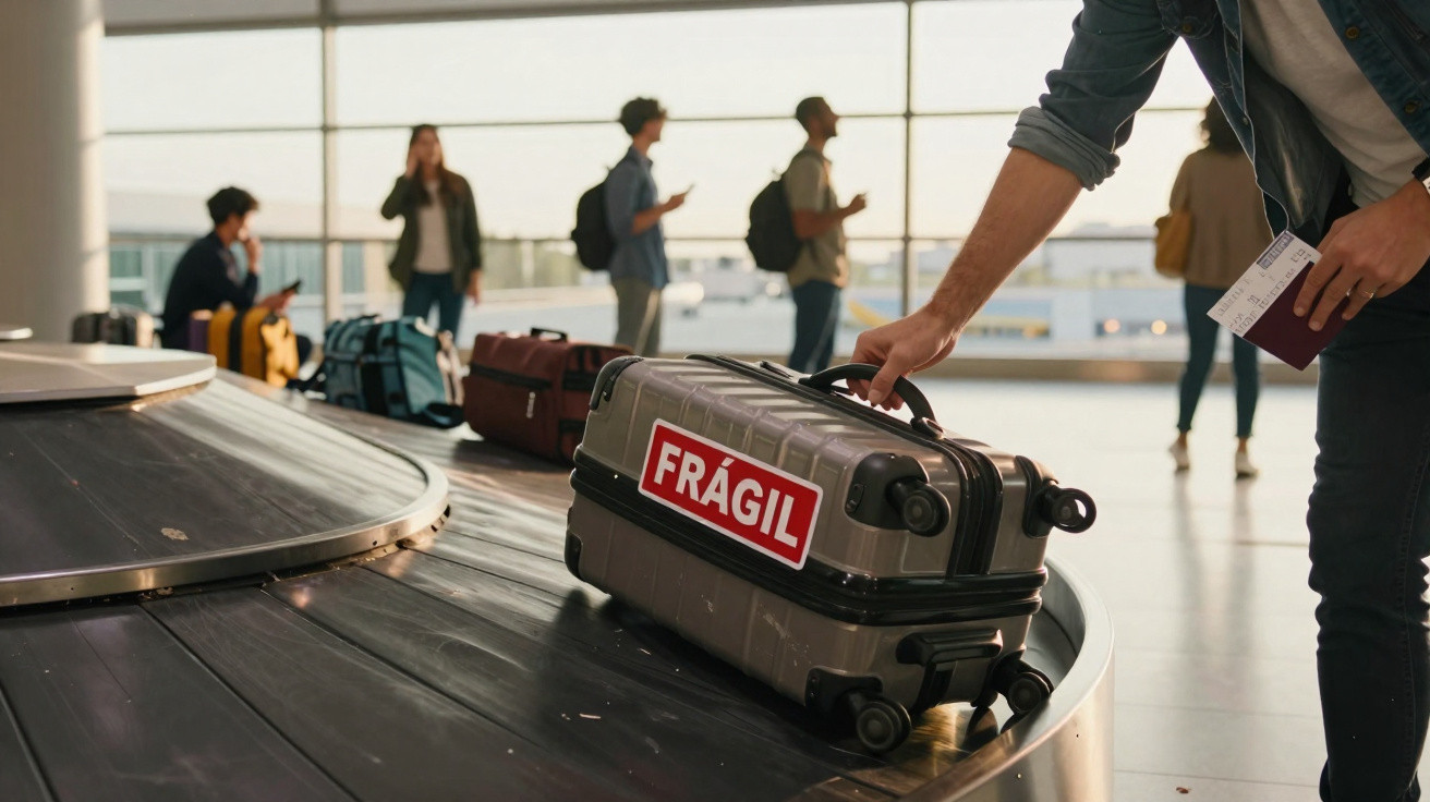 Mala com etiqueta "Frágil" sendo retirada em esteira de aeroporto com pessoas ao fundo.