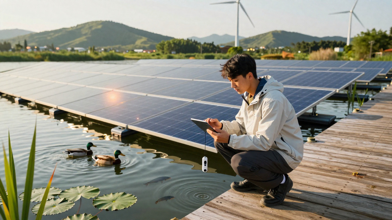 Homem com tablet verifica painel solar próximo a lago com patos e moinho em área rural.