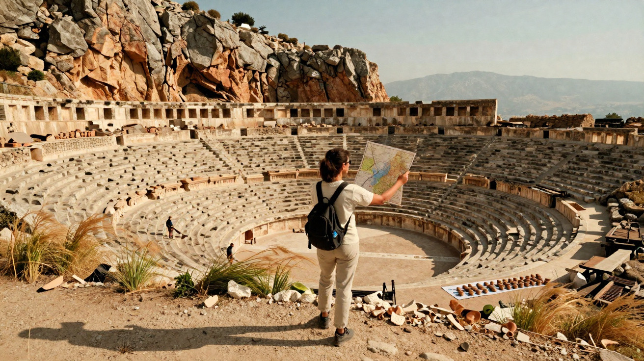 Turista com mochila e mapa observa ruínas de anfiteatro romano em área montanhosa ensolarada.