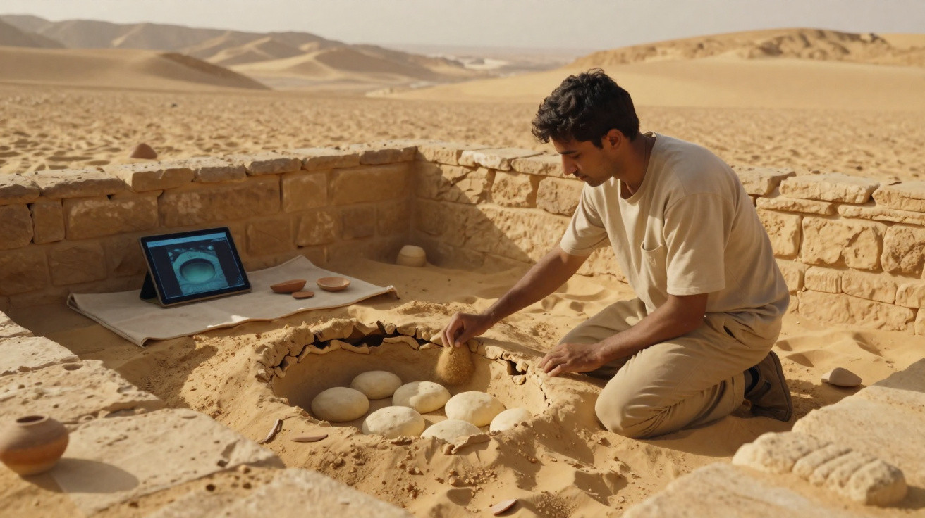Jovem arqueólogo escavando potes antigos em sítio arqueológico no deserto com tablet ao lado.