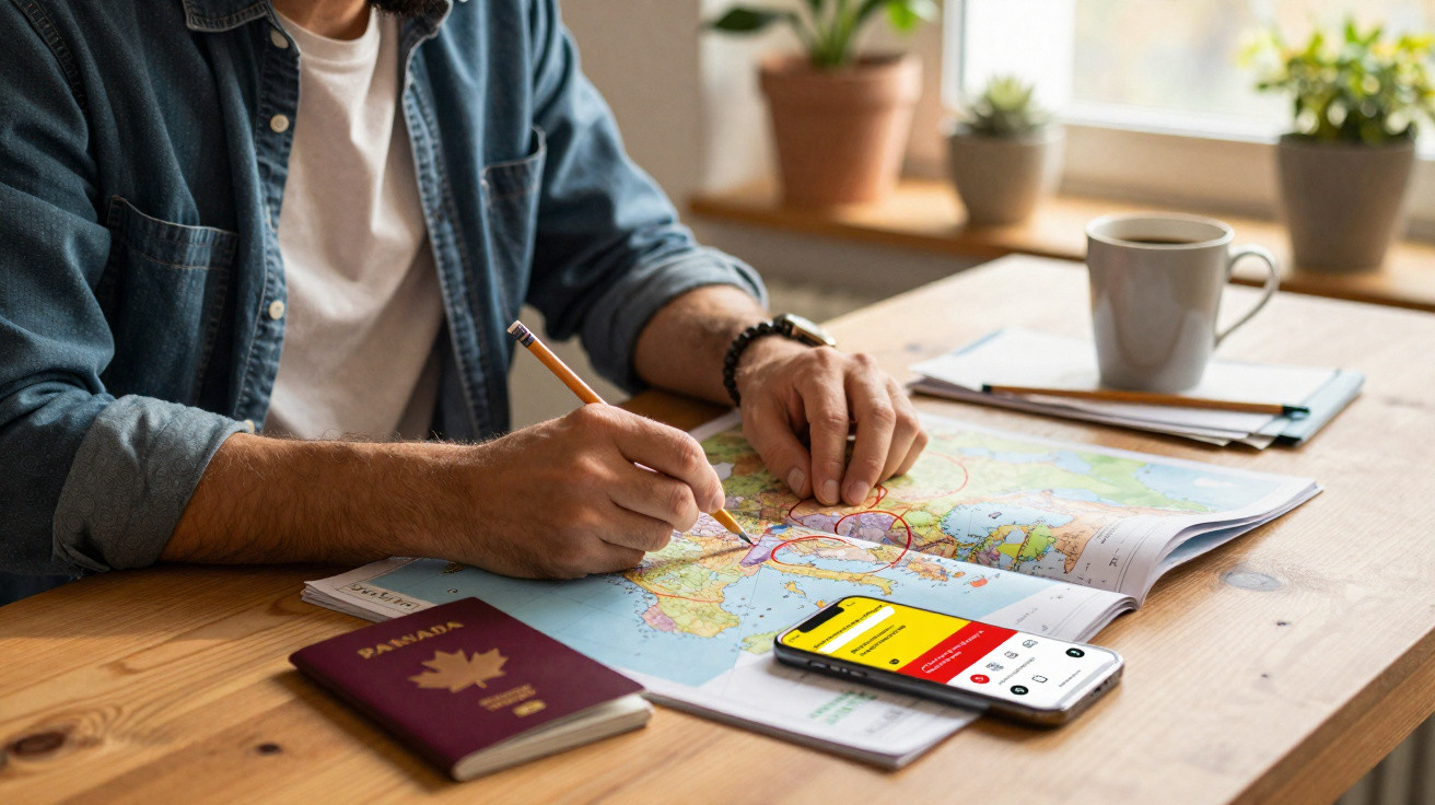 Pessoa marcando destino em mapa com lápis, ao lado de passaporte canadense e celular sobre mesa.
