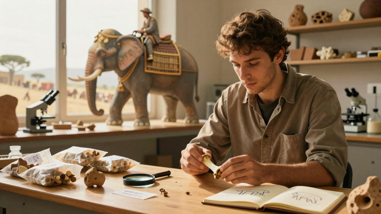 Jovem estudando artefatos arqueológicos em mesa com lupa, caderno aberto e estátua de elefante ao fundo.