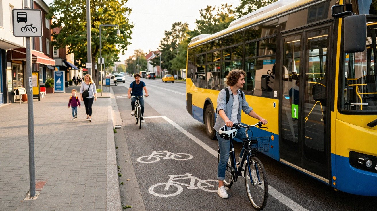 Ciclista em faixa de bicicleta ao lado de ônibus amarelo e outras pessoas caminhando na calçada urbana.