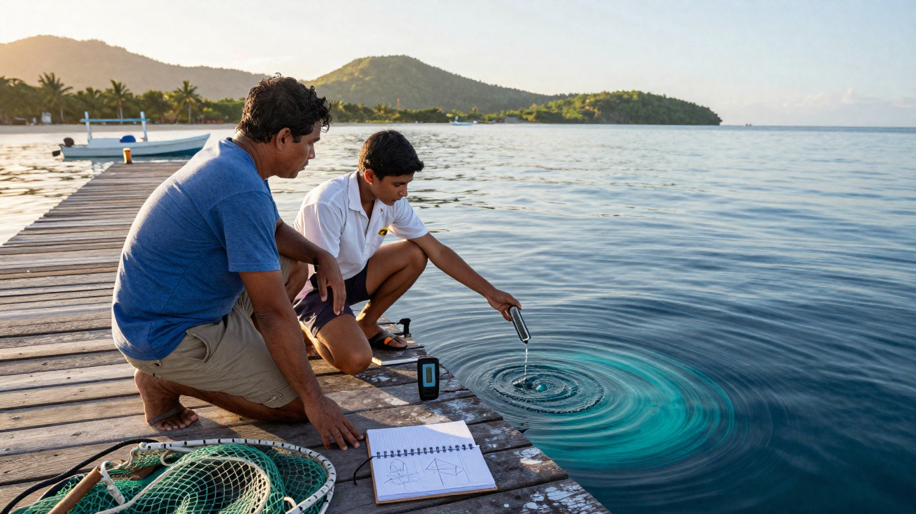 Homem e menino coletam amostra do mar em píer, com caderno de anotações e rede de pesca ao lado.