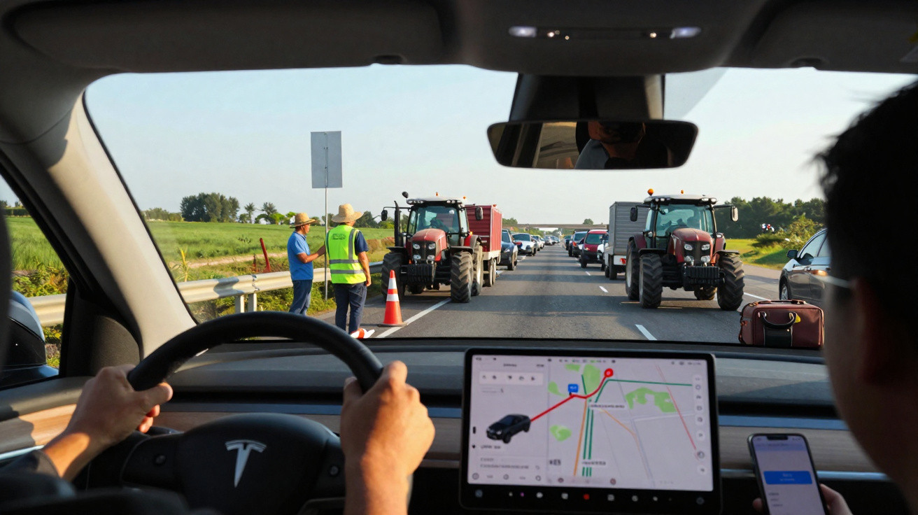 Interior de carro Tesla com motoristas presos em engarrafamento por tratores na estrada sob céu claro