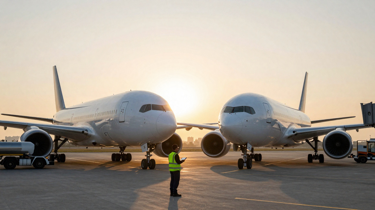 Aviões estacionados no aeroporto ao pôr do sol com funcionário de colete refletivo no centro.