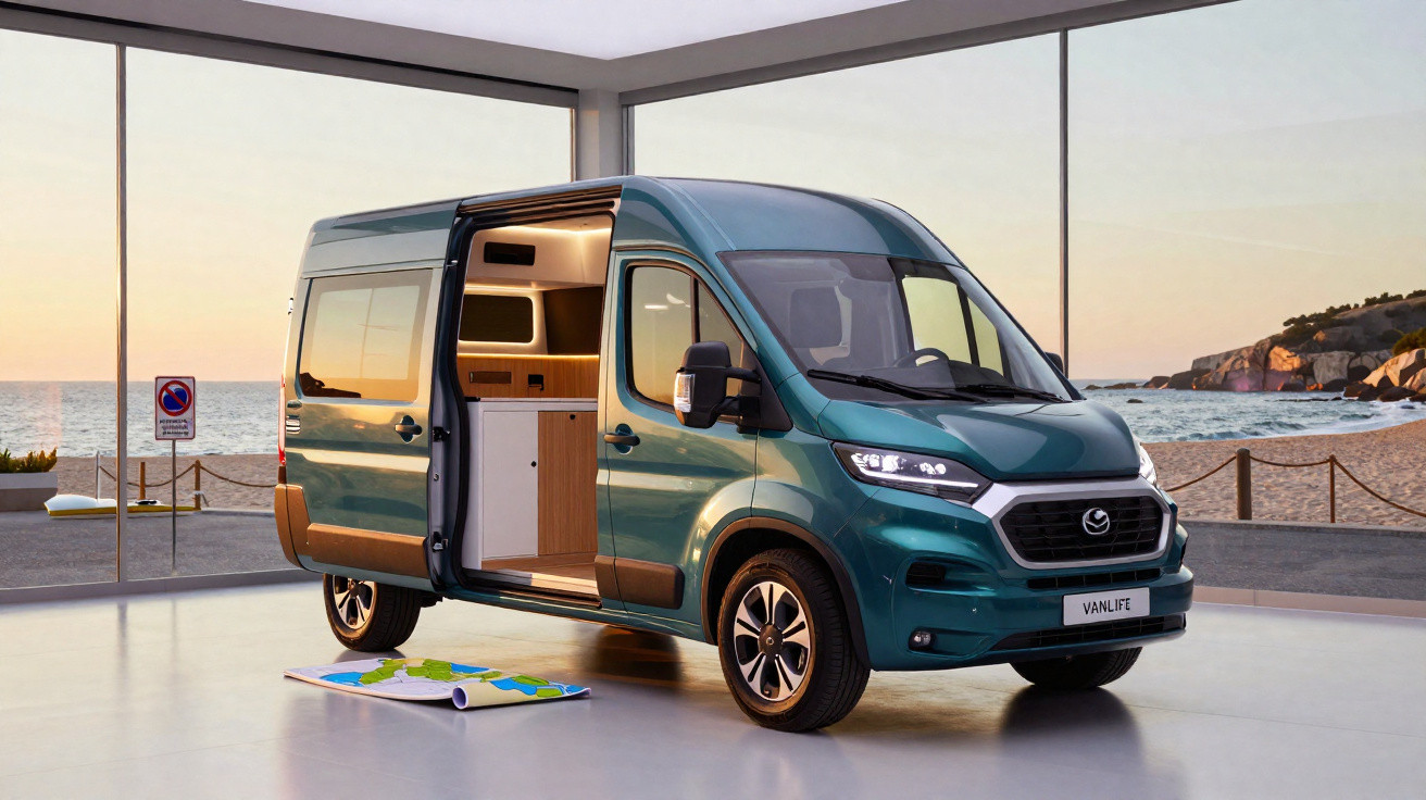Van verde com porta lateral aberta mostrando interior de motorhome em espaço com vista para praia ao pôr do sol.