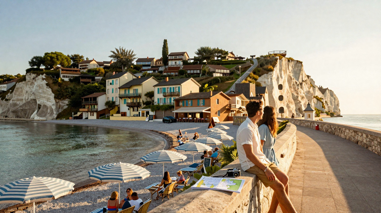 Casal sentado em muro à beira-mar com guarda-sóis listrados e casas em encosta ao fundo ensolarado.