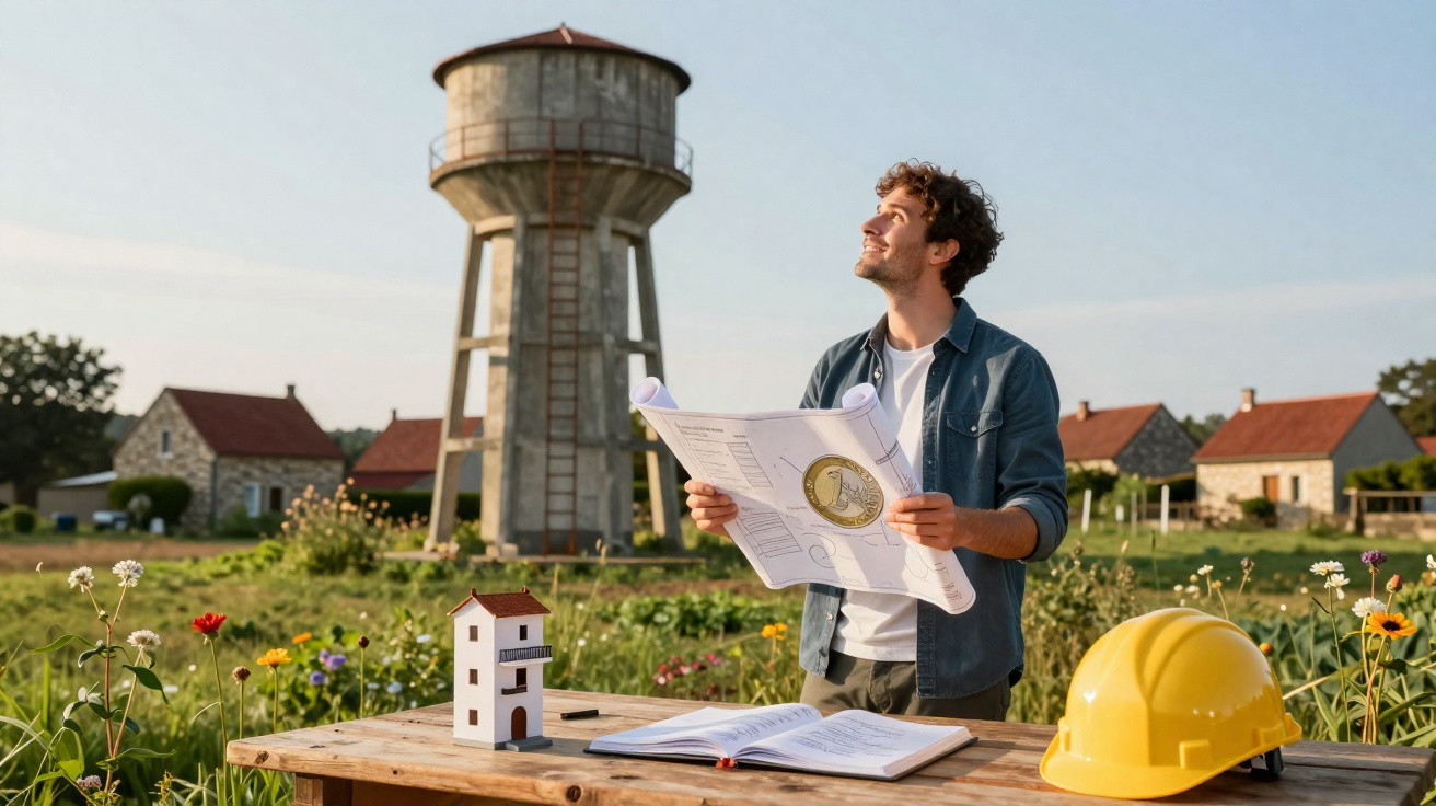 Homem olhando para o céu com planta na mão, perto de mesa com miniatura de casa e capacete amarelo.