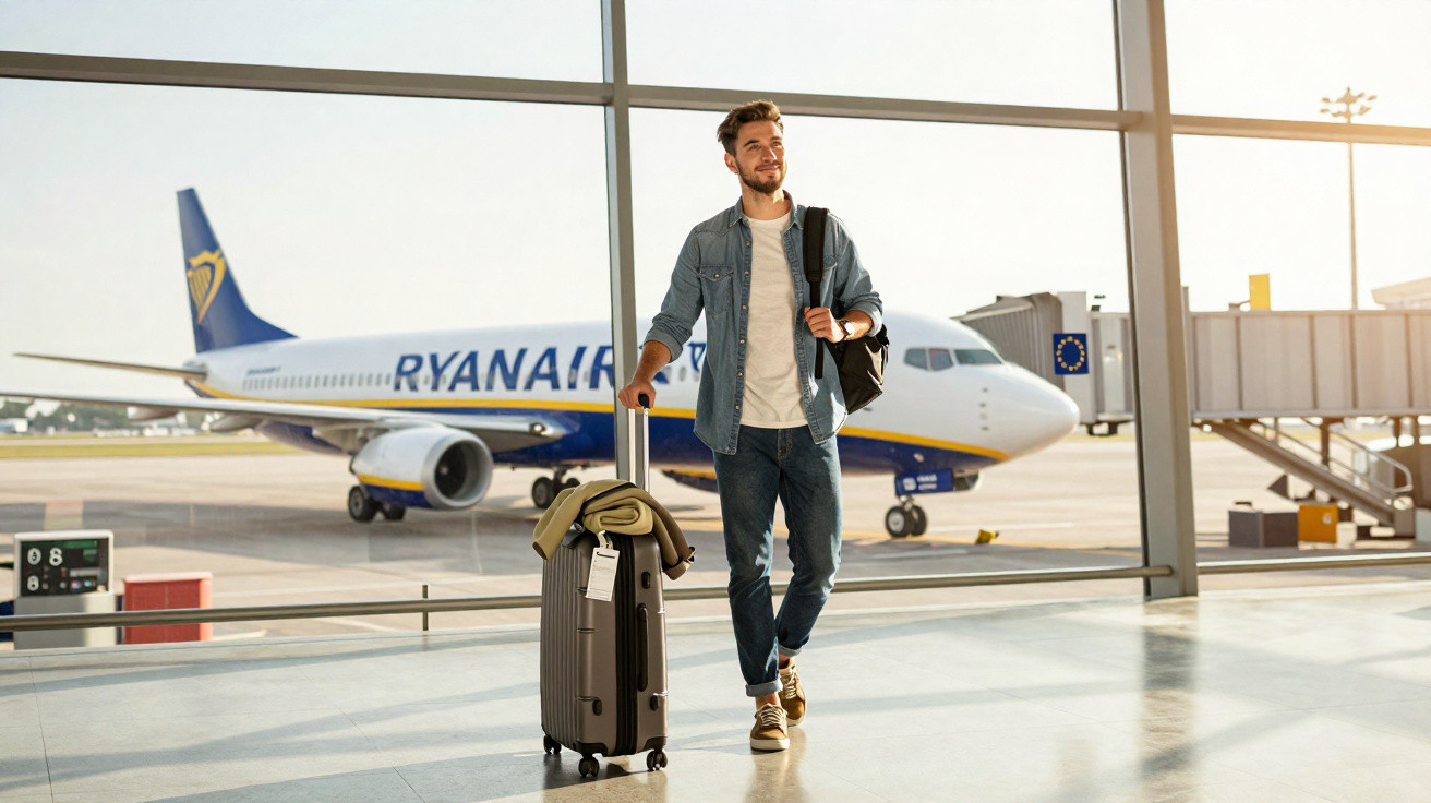 Homem com mochila e mala caminhando no aeroporto com avião Ryanair ao fundo.