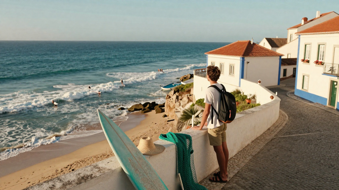 Jovem de mochila observa surfistas no mar em vila costeira com casas brancas e telhados vermelhos.