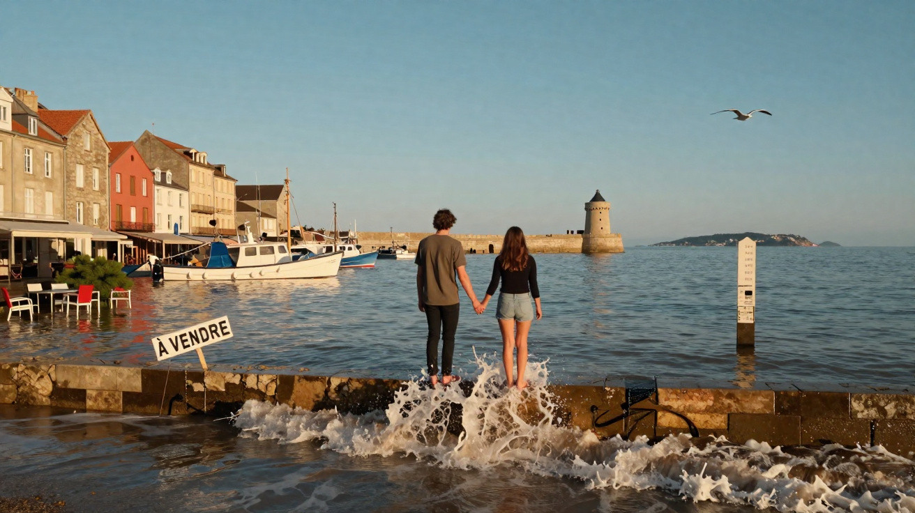 Casal de mãos dadas na beira do mar, perto de barcos e casas coloridas em um dia ensolarado.