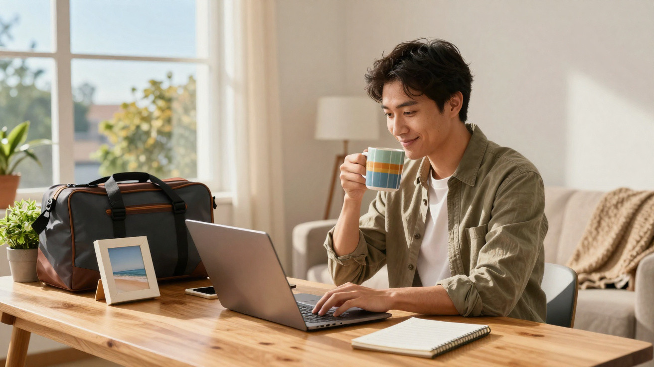 Jovem sentado à mesa usando laptop e tomando café em ambiente iluminado e aconchegante.