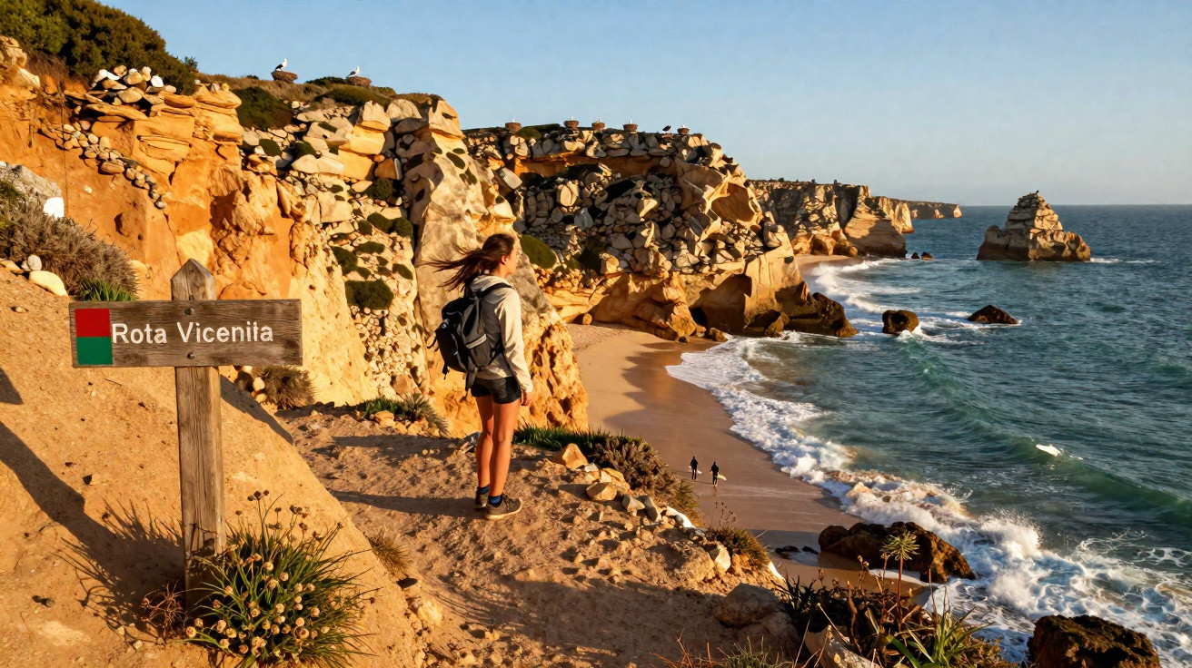 Mulher com mochila na trilha Rota Vicentina, com vista para a praia e falésias rochosas ao pôr do sol.
