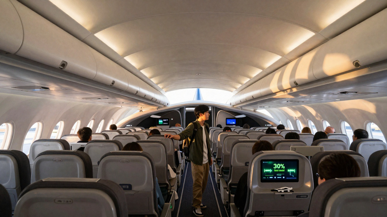 Interior de avião comercial com passageiros sentados e jovem em pé no corredor iluminado pela luz do dia.