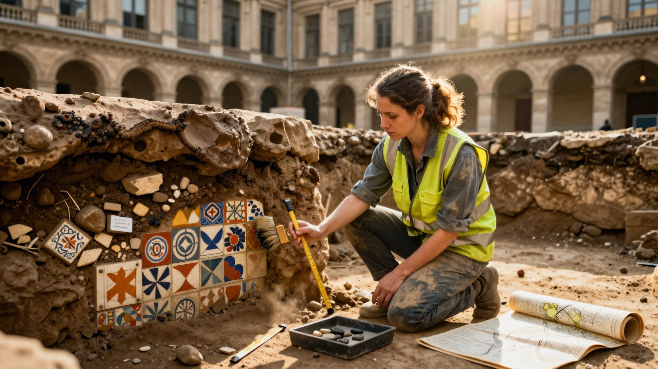 Mulher arqueóloga escavando e limpando azulejos antigos em sítio arqueológico ao ar livre.