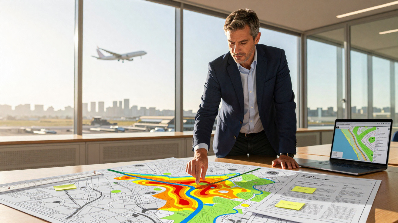 Homem em terno analisa mapa com dados coloridos em mesa de sala com janela para aeroporto e avião ao fundo.