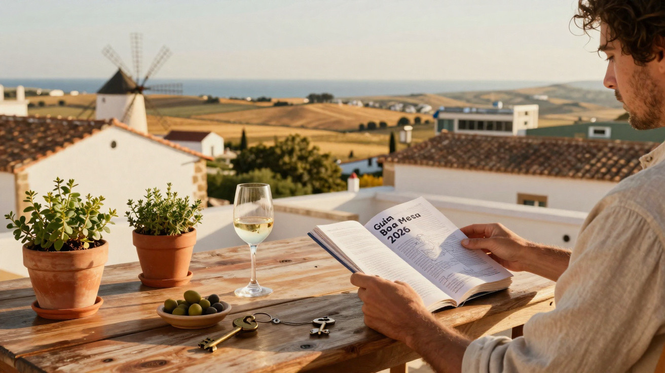 Homem lendo revista em mesa de madeira com taça de vinho, azeitonas e plantas, vista para campo e moinho ao fundo.